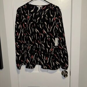 Nine West  Black, White, Coral Graphic Long Sleeve Blouse
